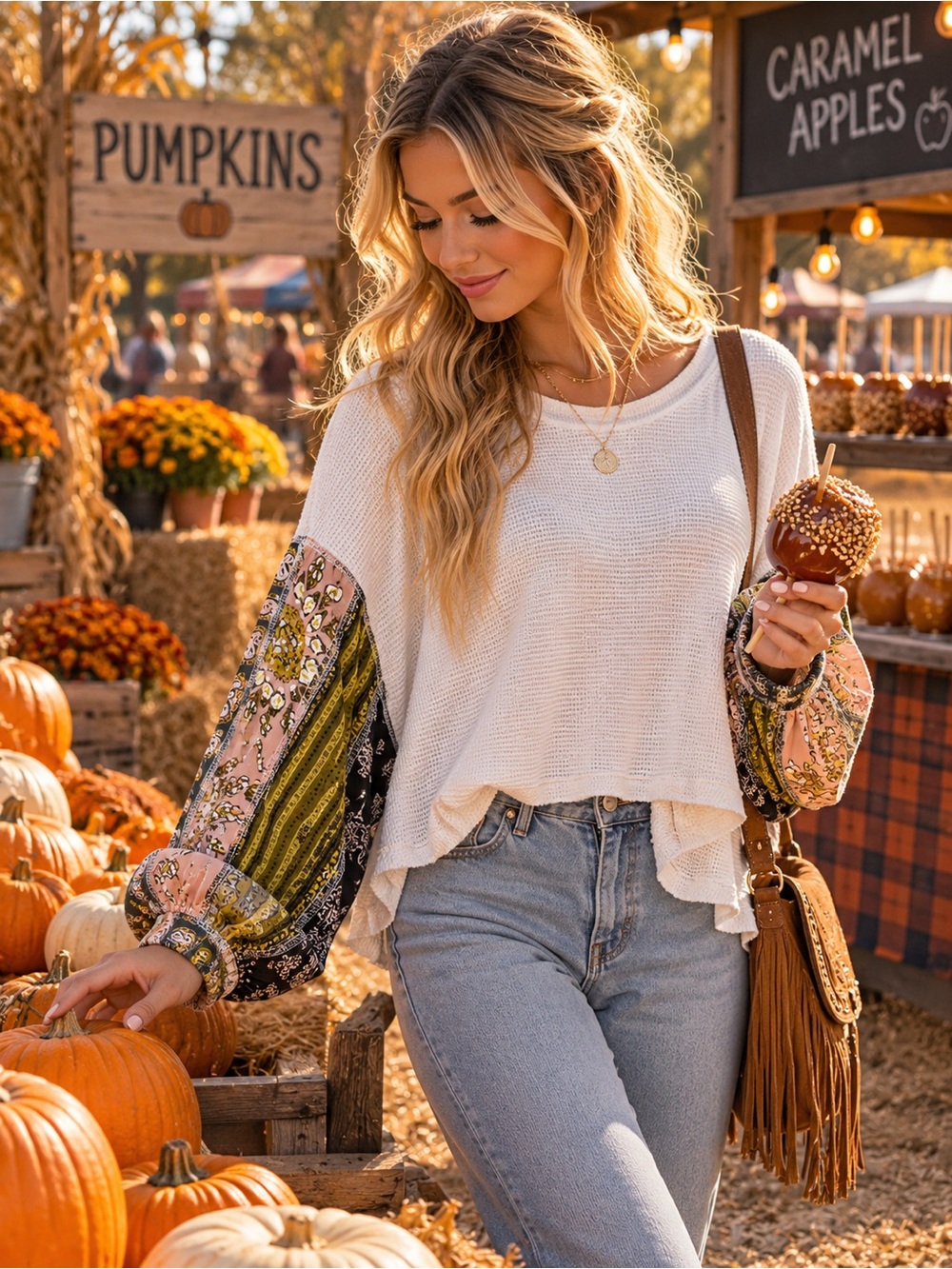 Free People womans White Waffle Knit Top with Patterned Balloon Sleeves size M